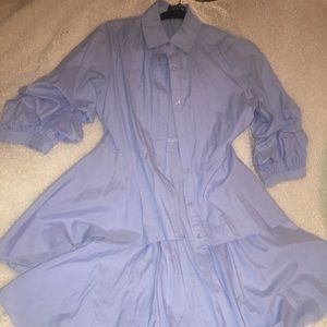 Blue button down high low puff sleeve top